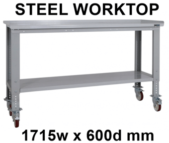 picture of BiGDUG Heavy Duty Height Adjustable Mobile Workbench - 860-1280h x 1715w x 600d mm - Steel Worktop - [BDU-HDMWB176S]