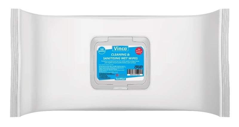 Vinco-SanWipe Cleaning & Sanitising Flow Pack Wipes - 100 White Wipes - [HCI-CP207]