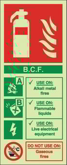 Picture of Photoluminescent B.C.F. Fire Extinguisher Sign - 202 X 82Hmm - Self Adhesive Rigid Plastic - [AS-EN10PH-SARP]