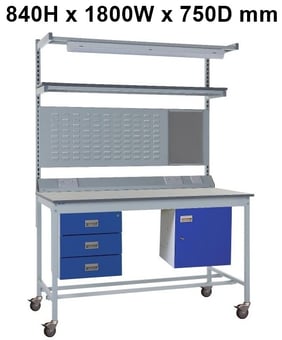 picture of Mobile Square Tube Workbench - Laminate Top - 840H x 1800W x 750D mm - Triple Drawer, Light & Tool Rail Support - [QM-BM841875P11C]