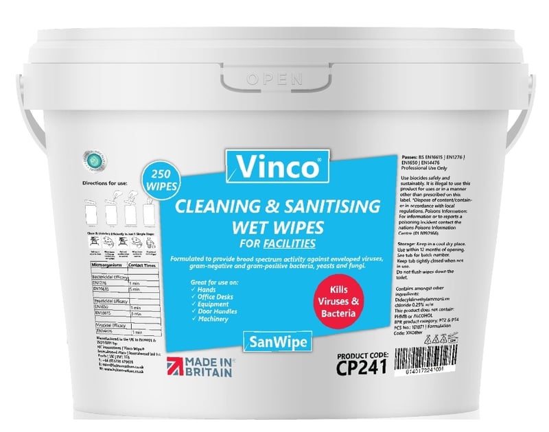 Vinco-SanWipe Cleaning & Sanitising Wipes For Facilities - 250 White Wipes - [HCI-CP241]