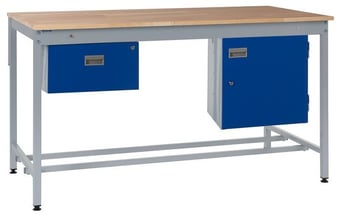 Picture of Square Tube Workbench - Beech Top - 840H x 1500W x 750D mm - Single Drawer & Storage Cupboard - [QM-BQ841575BX2B]