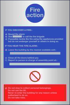 picture of Prestige Fire Action Sign - Silver Effect - 200 x 300Hmm - 1.5mm Aluminium - [AS-SAT9-ALU]