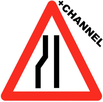 picture of Traffic Road Narrows Left Triangle Sign With Fixing Channel - FIXING CLIPS REQUIRED - Class 1 Ref BSEN 12899-1 2001 - 600mm Tri. - Reflective - 3mm Aluminium - [AS-TR79-ALUC]