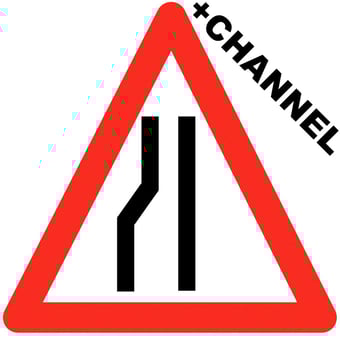 Picture of Traffic Road Narrows Left Triangle Sign With Fixing Channel - FIXING CLIPS REQUIRED - Class 1 Ref BSEN 12899-1 2001 - 600mm Tri. - Reflective - 3mm Aluminium - [AS-TR79-ALUC]