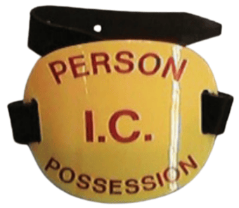 picture of Enamelled Arm Badge With LEATHER Straps & Buckle - "Person I.C. Possession" - [UP-0044/003426]