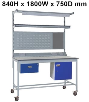 picture of Mobile Square Tube Workbench - Laminate Top - 840H x 1800W x 750D mm - Single Drawer, Light & Tool Rail Support - [QM-BM841875PX9C]