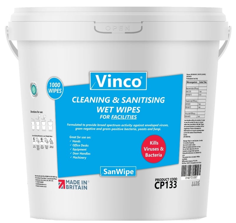 Vinco-SanWipe Cleaning & Sanitising Wipes For Facilities - 1000 White Wipes - [HCI-CP133]