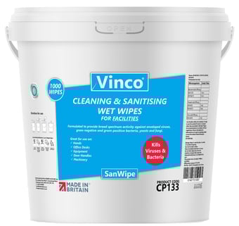 picture of Vinco-SanWipe Cleaning & Sanitising Wipes For Facilities - 1000 White Wipes - [HCI-CP133]