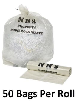 picture of Clear Printed NHS Household Waste Sacks - Large - 15" x 28" x 36" - 50 Bags Per Roll - [OL-OL405/A] - (HP)