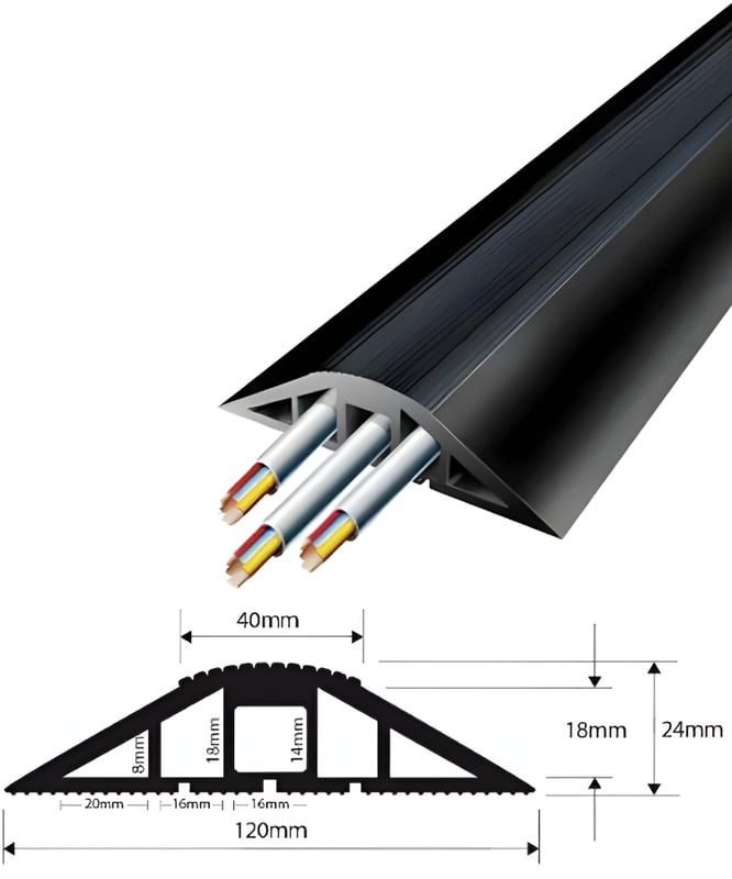 Vulcascot Superior Office Floor Cable Protector - Two 18 x 16 mm + One 14 x 16 mm Channels - Black - Price per meter - [VS-MCP/2]