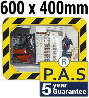 picture of INDUSTRIAL SAFETY MIRROR - P.A.S - 600 x 400mm - Yellow / Black - To View 2 Directions - 5 Year Guarantee - [VL-984]