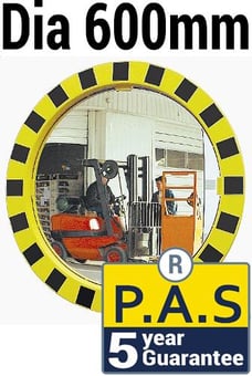 picture of ROUND INDUSTRIAL SAFETY MIRROR - P.A.S - Dia 600mm - Yellow / Black - To View 2 Directions - 5 Year Guarantee - [VL-986]