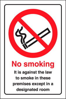 Picture of No Smoking - Against the Law to Smoke in Premises Except Designated Sign - 148 x 210Hmm - Rigid Plastic - [AS-PR506-RP]