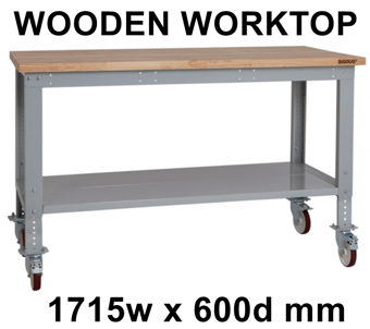 picture of BiGDUG Heavy Duty Height Adjustable Mobile Workbench - 860-1280h x 1715w x 600d mm - Wooden Worktop - [BDU-HDMWB176W]