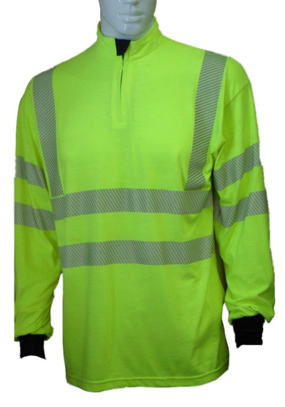 picture of High Visibility FR Single Jersey Long Sleeve Zip Neck Shirt - Yellow with Navy Collar - Conforms to EN ISO 20471:2013 Class 3 & EN ISO 11612:2008 Class A1 B1 C1 - YA-FR99