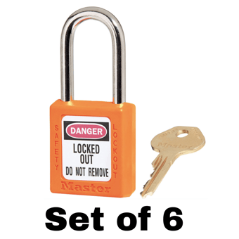 picture of Set of 410 Zenex Thermoplastic Safety Padlock - Orange - With One 'Key Alike' Key - Set of 6 - MA-410KAORJ