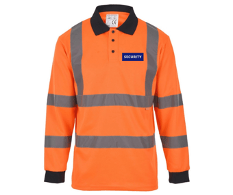 Picture of Security Printed Front and Back - Hi Vis Orange Long Sleeve Polo Shirt - Navy Collar - BI-100-SEC