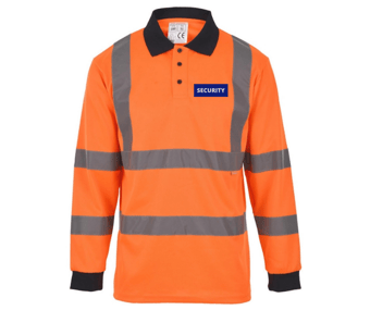 Picture of Security Printed Front and Back - Hi Vis Orange Long Sleeve Polo Shirt - Navy Collar - BI-100-SEC - (DISC-W)