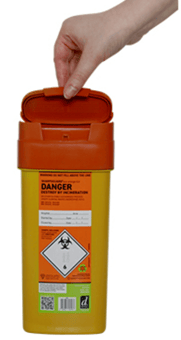 Picture of SHARPSGUARD Eco Orange Lid 0.6 Litre Sharps Bin - [DH-SC509OS]