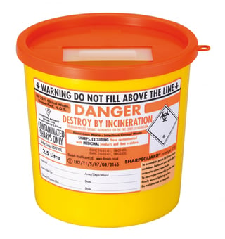 Picture of SHARPSGUARD Orange Lid 2.5 Ltr Sharps Bin NHS Code FSL182 BS7320:1990 - [DH-DD472OL]