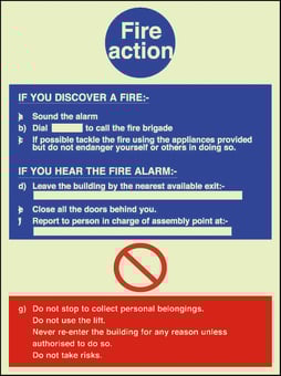 Picture of Photoluminescent Signs Fire Action Sign Large - 200 X 300Hmm - Self Adhesive Rigid Plastic - [AS-PH26-SARP]