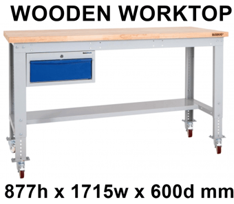 picture of BiGDUG Heavy Duty Mobile Storage Workbench - 877h x 1715w x 600d mm - Single Drawer - Wooden Worktop - [BDU-HDMSWB176H1DW]