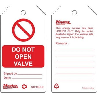picture of Master Lock Standard Lockout Tags – ‘Do Not Open Valve’ - Rigid Plastic - Pack of 6 - [MA-S4214LEN] - (DISC-W)