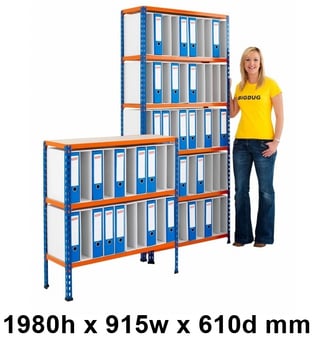 picture of BiGDUG BiG340 100 Lever Arch File Shelving - 1980h x 915w x 610d mm - 6 Levels - Blue & Orange - [BDU-B3LA100BO]