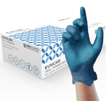 picture of Unigloves Unicare Blue Vinyl Medium Weight Single Use Gloves - Box of 100 - UGL-P-GS008