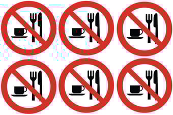 picture of Safety Labels - No Eating and Drinking 2 Symbol (24 pack) 6 to Sheet - 75mm dia - Self Adhesive Vinyl - [IH-SL26-SAV]