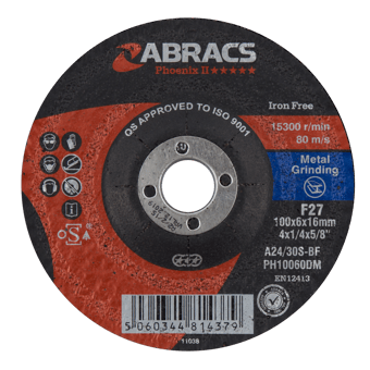 picture of Abracs Phoenix II 100mm x 6mm x 16mm DPC Metal Grinding Disc - A30S4BF Grade - Pack of 25 - [ABR-PH10060DM]