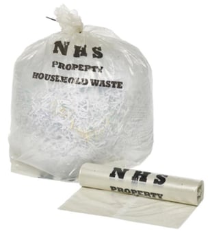 Picture of Clear Printed NHS Household Waste Sacks - Large - 15" x 28" x 39" - 50 Bags Per Roll - [OL-OL403/A]