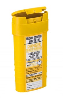 picture of SHARPSGUARD® Yellow Lid 0.6 Ltr Sharps Bin NHS CODE FSL317 - BS7320:1990 - [DH-DD509YL]