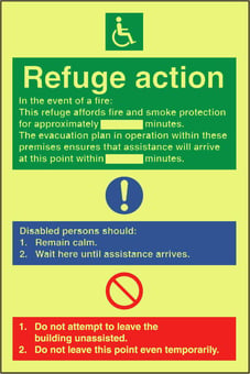 Picture of Photoluminescent Fire Refuge Action Sign - 200 x 300Hmm - Self Adhesive Rigid Plastic - [AS-PHRG11-SARP]