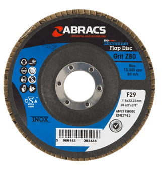 picture of Abracs Zirconium Flap Disc 115mm x 22mm - 80g - 13,300 Max RPM - Box of 25 - [ABR-ABFZ115B080]