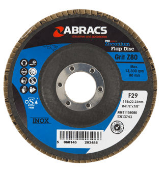 Picture of Abracs Zirconium Flap Disc 115mm x 22mm - 80g - 13,300 Max RPM - Box of 25 - [ABR-ABFZ115B080]