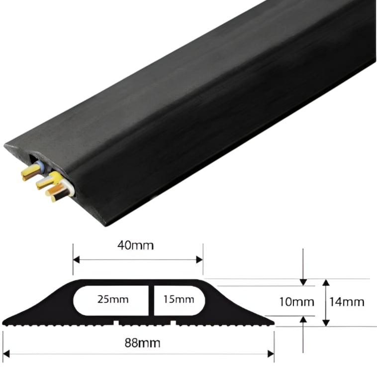 Vulcascot Superior Office Floor Cable Protector - 25 x 10 + 15 x 10 mm Channels - Black - Price per meter - [VS-BNC2]