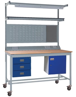 Picture of Mobile Square Tube Workbench - Beech Top - 840H x 1200W x 750D mm - Triple Drawer, Light & Tool Rail Support - [QM-BM841275B12A]