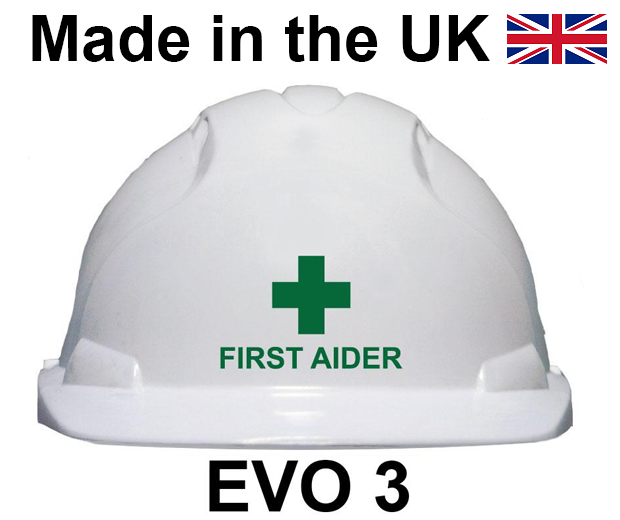 JSP - EVO3 White Safety Helmet - FIRST AIDER Printed on Front in Green - [JS-AJF160-000-100]