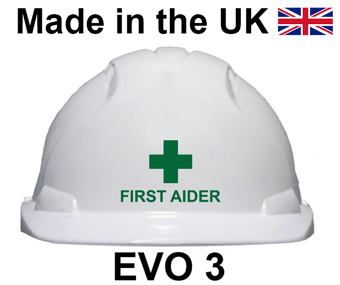 picture of JSP - EVO3 White Safety Helmet - FIRST AIDER Printed on Front in Green - [JS-AJF160-000-100]