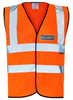 Picture of Retroreflective SECURITY Printed Front and Back Orange Non Pull Apart Hi-Vis Vest - ST-35281-SEC