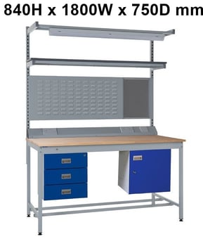 picture of Square Tube Workbench - Beech Top - 840H x 1800W x 750D mm - Triple Drawer, Light & Tool Rail Support - [QM-BQ841875B12C]