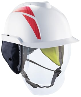 picture of MSA - V-Gard 950 Cap - White with Red Stickers Fitted - Arc Flash Ear Flaps - Non Vented - [MS-GVF1A-C0A00HG-000]