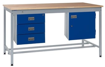 Picture of Square Tube Workbench - Beech Top - 840H x 1200W x 750D mm - Storage Cupboard & Triple Drawer - [QM-BQ841275BX4A]