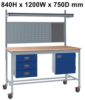 picture of Mobile Square Tube Workbench - Beech Top - 840H x 1200W x 750D mm - Triple Drawer, Louvre Panel - [QM-BM841275BX8A]