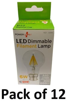 picture of Power Plus - 6W - B22 Energy Saving A60 LED Filament Bulb - 660 Lumens - 2700k Warm White  - Pack of 12 - [PU-3008]