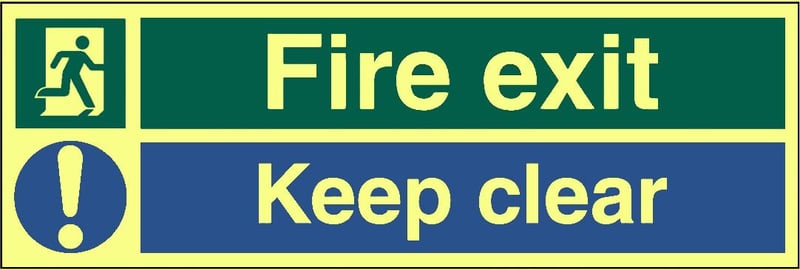 picture of Photoluminescent Fire Exit Keep Clear Sign LARGE - 600 x 200Hmm - Self Adhesive Rigid Plastic - [AS-PH312-SARP]