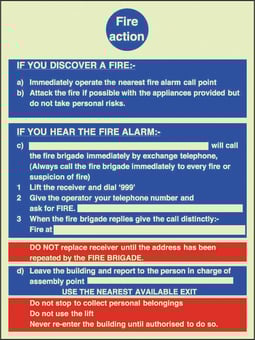 picture of Photoluminescent Signs Fire Action Sign - 200 X 300Hmm - Self Adhesive Rigid Plastic - [AS-PH27-SARP]
