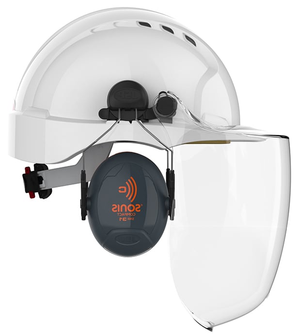 JSP Evo3 White Vented Standard Peak Helmet With Sonis Compact Ear Defenders SNR31 and EVOGuard C4 - [IH-EVOKIT1]